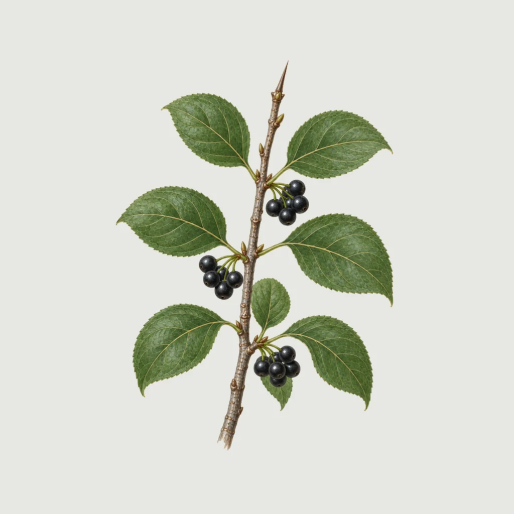 Painted sprig of common buckthorn with black berries and a thorn at the twig tip.