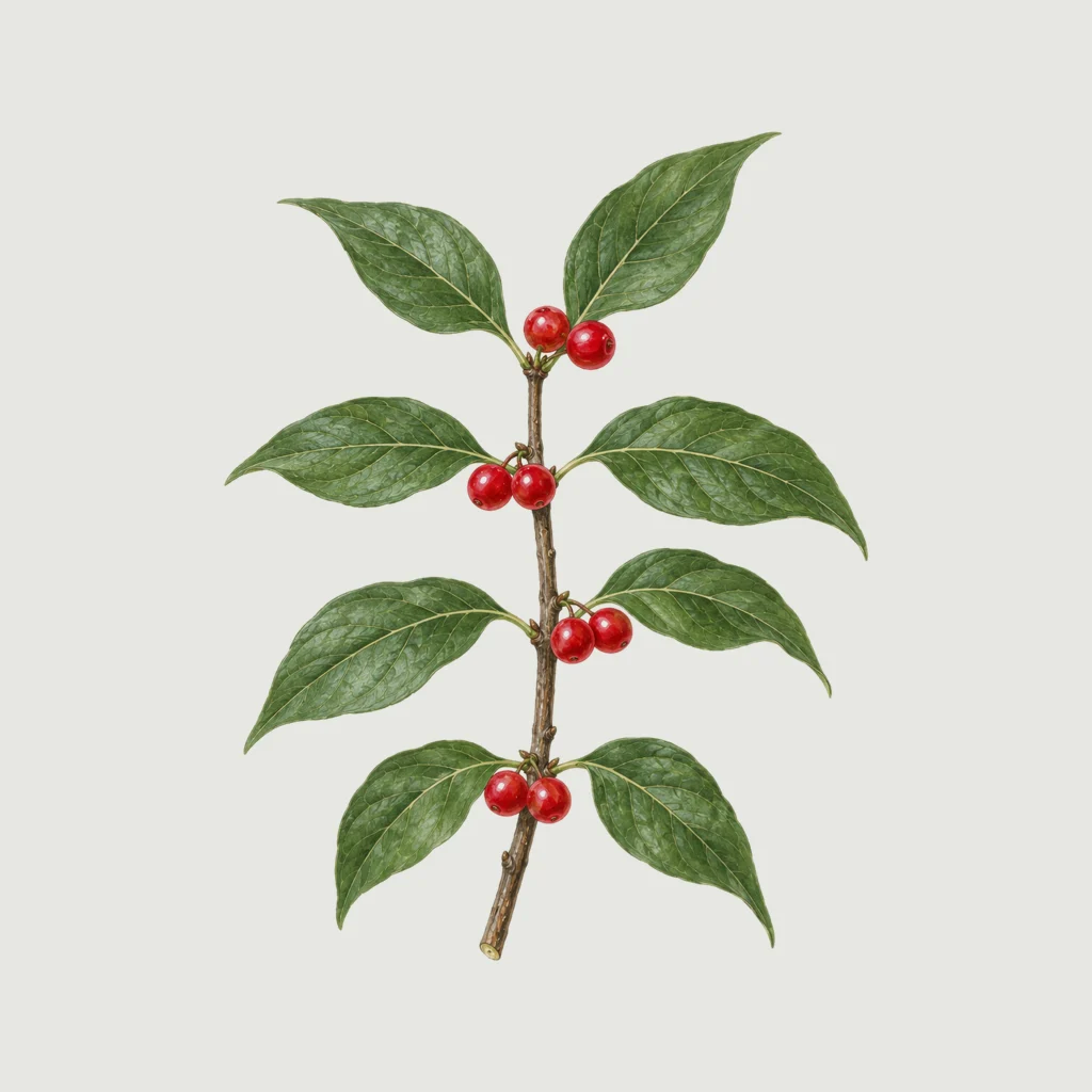 Painted sprig of bush honeysuckle: leaves in opposite pairs, glossy red berries in pairs.