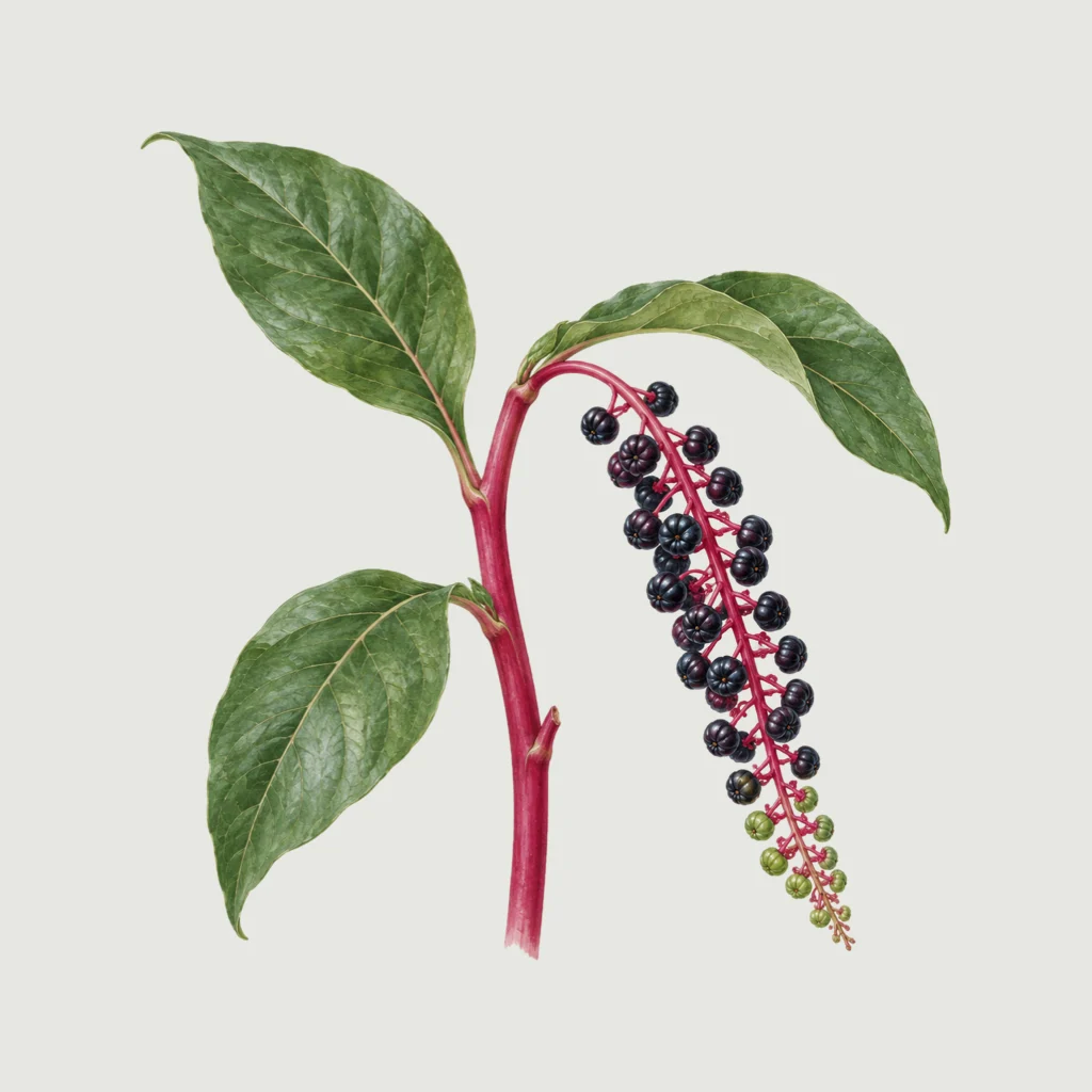 Pokeweed stem, bright magenta, with a long drooping cluster of dark purple berries.