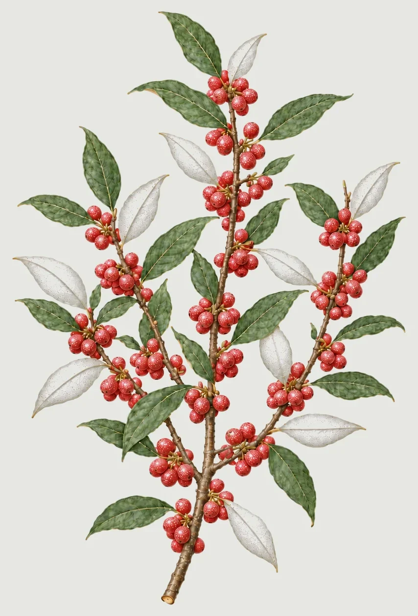 Painted plate of a fruiting autumn olive branch: alternate silver-green leaves, several turned to show silvery undersides, and crowded clusters of red berries flecked with gold at each leaf joint.